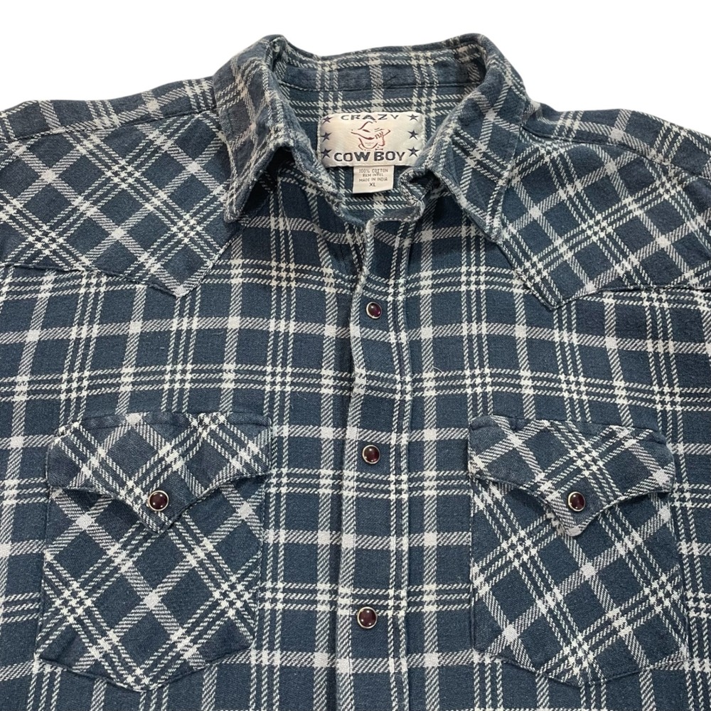 Crazy Cowboy Mens XL Blue Plaid Western Pearl Snap Flannel Shirt Heavy Cotton